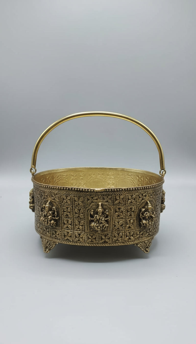 Antique Brass Finish Ashtalakshmi Design urli bowl/ Basket with handle ideal for Pooja Purpose